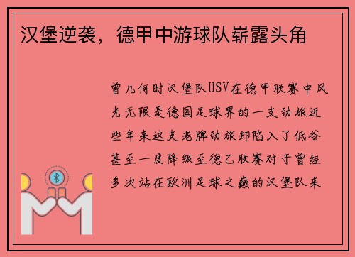 汉堡逆袭，德甲中游球队崭露头角
